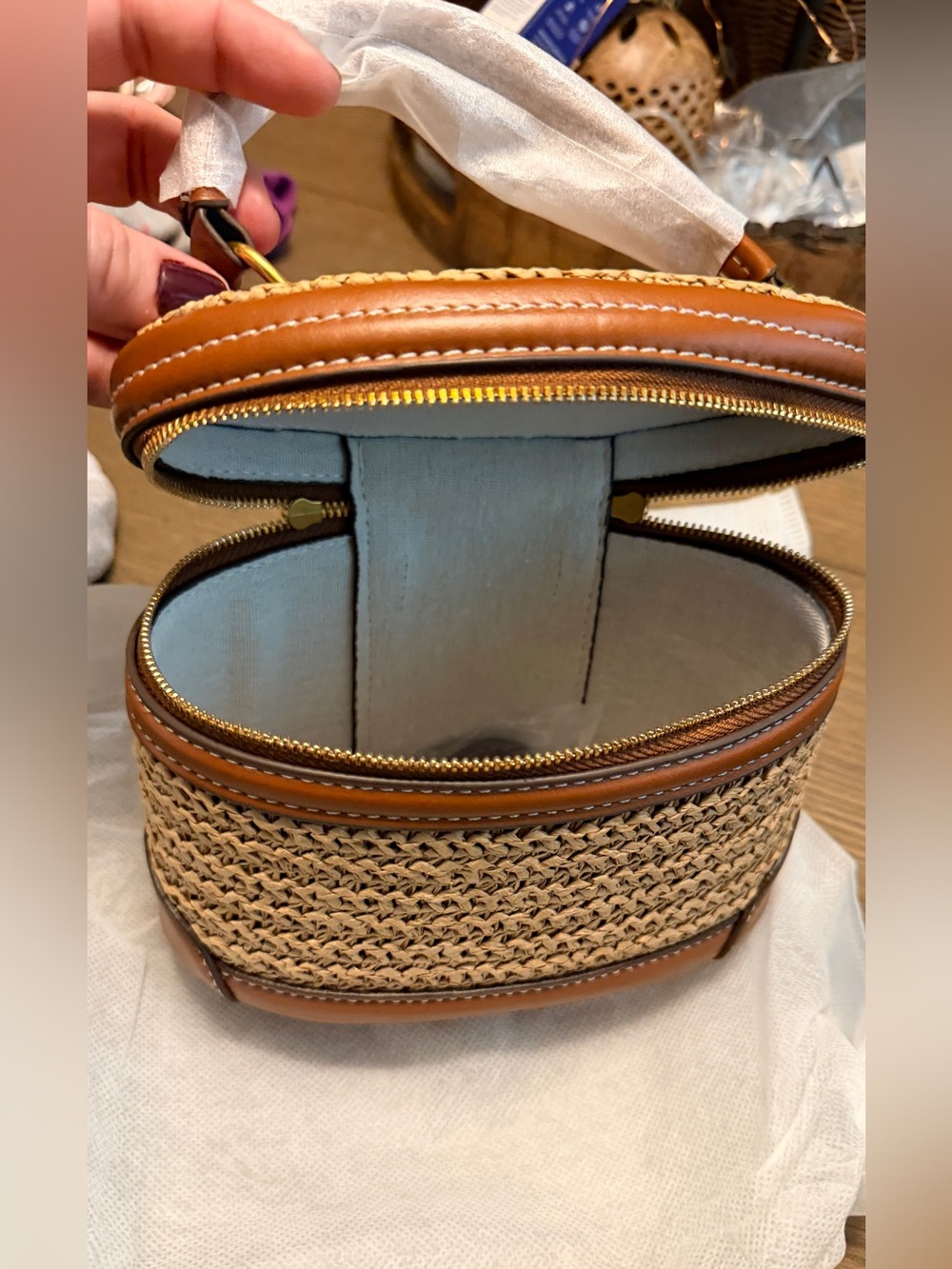 Zara Woven Vanity Bag - Beige Raffia / Woven with Brown Leather Trim